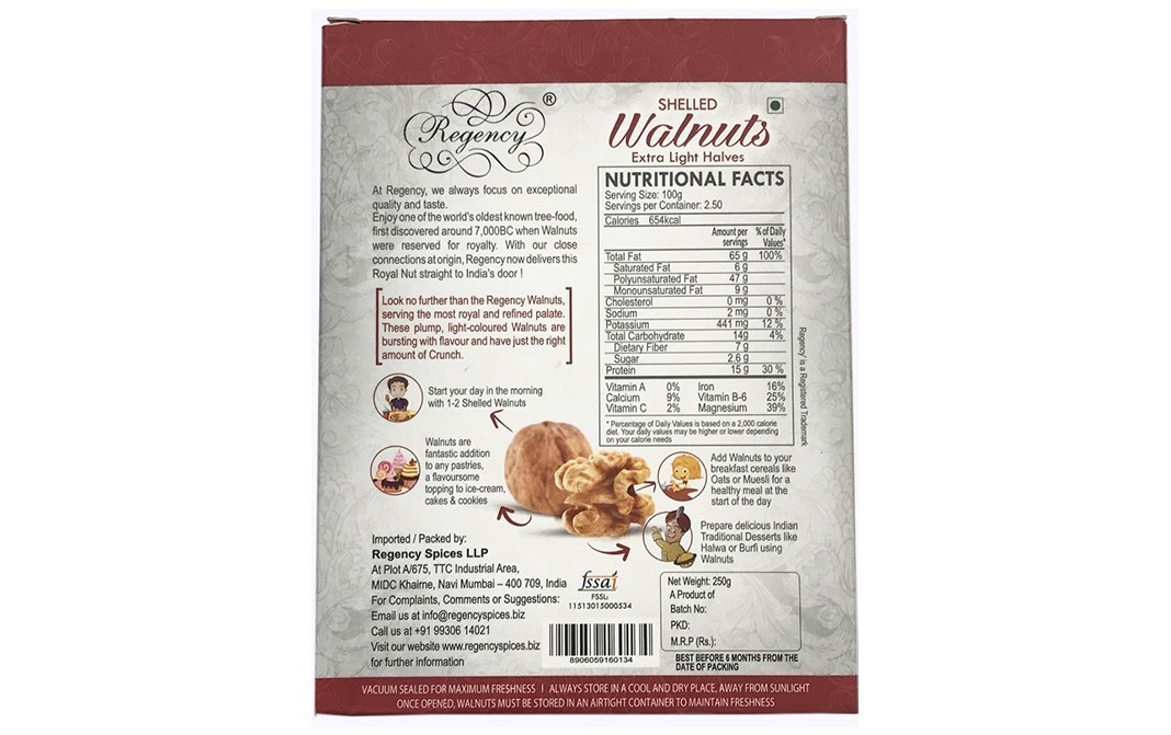 Regency Shelled Walnuts Extra Light Halves   Box  250 grams